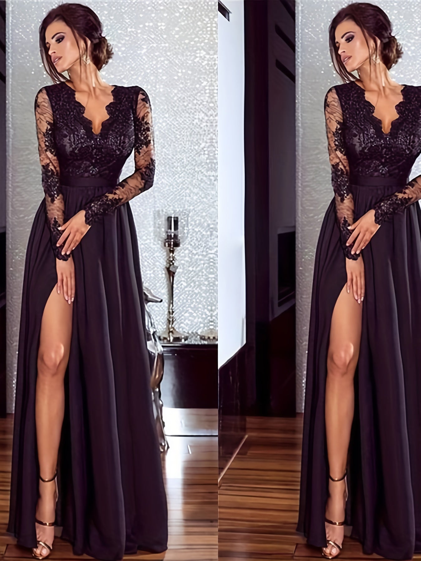 Women'S Crochet Lace Formal Dress Solid Color Long Sleeve Party Wedding Dress Bridesmaid Long Dress